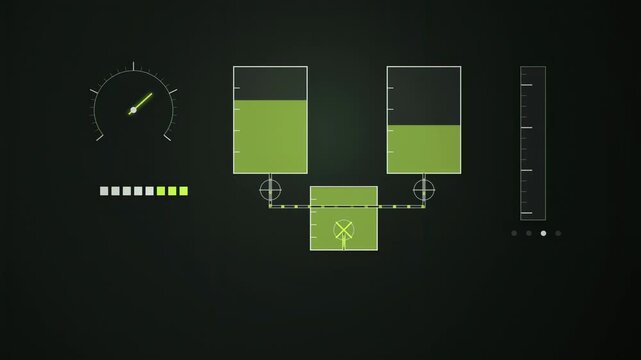 Abstract animated fuel flowing through a system schematic drawn as green and teal lines and shapes on a deep dark background. Seamless looping 4K motion graphics video with free space for text, ideal 