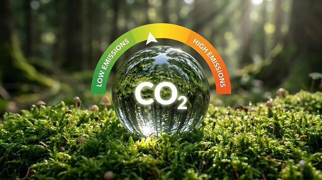 CO2 glass sphere with emission gauge on mossy ground