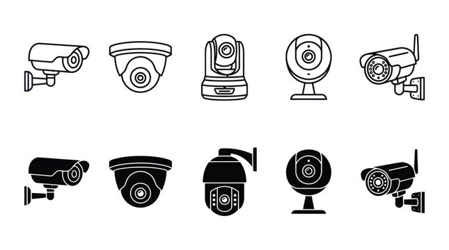 Set of surveillance camera icons in outline and solid style for security systems.