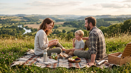 Obraz premium Happy family having a picnic on a scenic hillside overlooking a lush green valley landscape