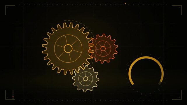 Abstract animated gears meshing under torque drawn as amber and orange lines and shapes on a deep dark background. Seamless looping 4K motion graphics video with free space for text, ideal for title s