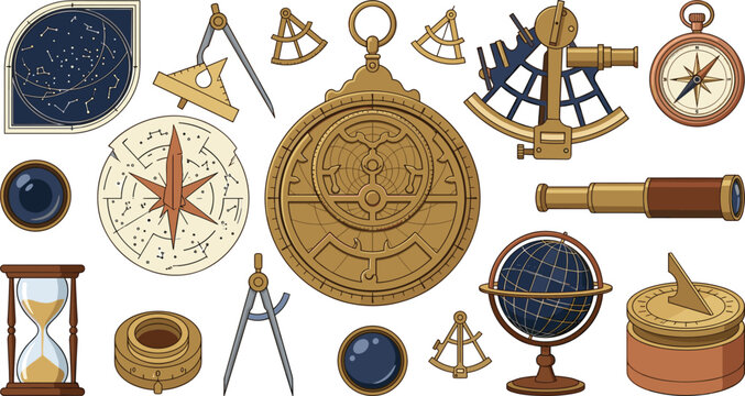 Vintage Astronomy and Maritime Navigation Vector Instrument Set Featuring Astrolabe Constellation Map Celestial Globe Sundial Compass Sextant Spyglass and Hourglass Elements