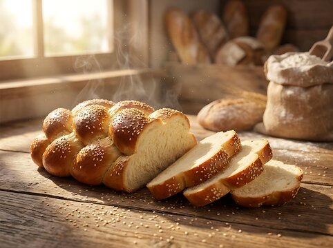 Freshly baked braided challah bread on a rustic wooden kitchen table in the morning light. Hebrew cuisine recipes