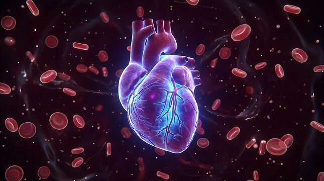 Human heart and red blood cells in bloodstream