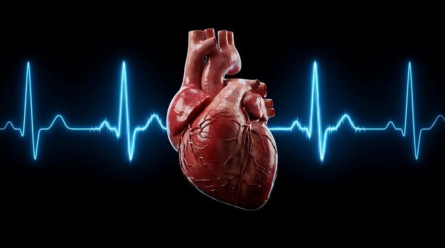 Human heart with blue electrocardiogram rhythm