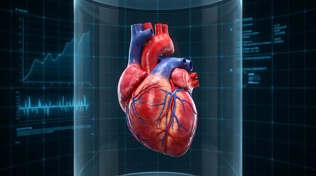 Human heart inside a glass cylinder with digital medical data