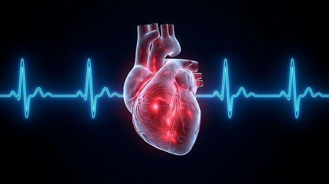 Human heart with blue heartbeat line