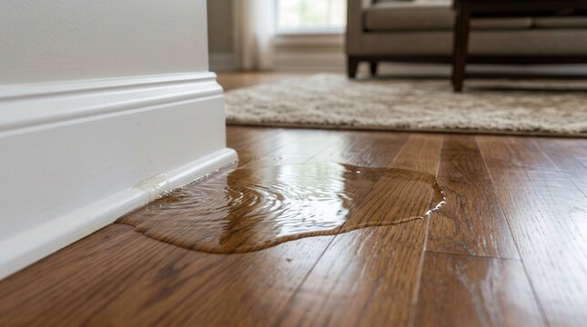 Standing water on wet hardwood floor near baseboard indicating slab leak and water damage to flooring and subfloor.