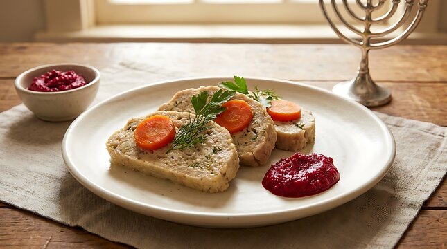 Traditional gefilte fish served on a white plate with carrots and beet horseradish for passover. Hebrew cuisine recipes