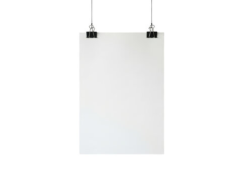 Blank white poster hanging with black binder clips isolated on transparent background