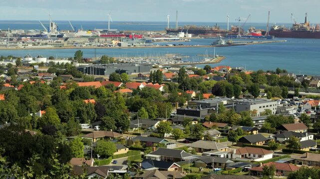 Panoramic view of frederikshavn port and cityscape in denmark