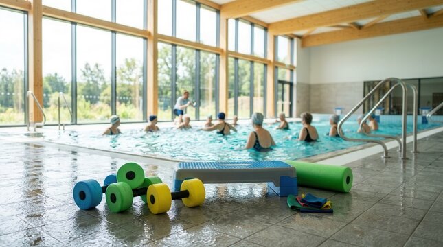Aquatic exercise equipment for rehabilitation and fitness in an indoor therapy pool
