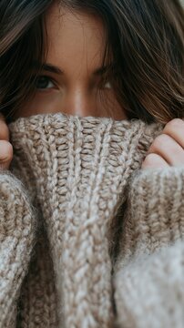 Woman hiding face in cozy knitted sweater