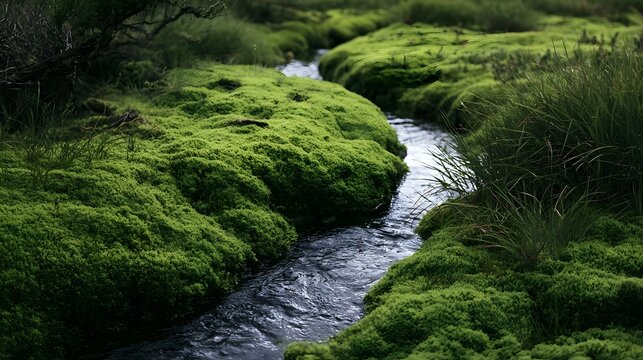 A narrow stream winds through lush green moss covered terrain  creating a serene and tranquil natural landscape