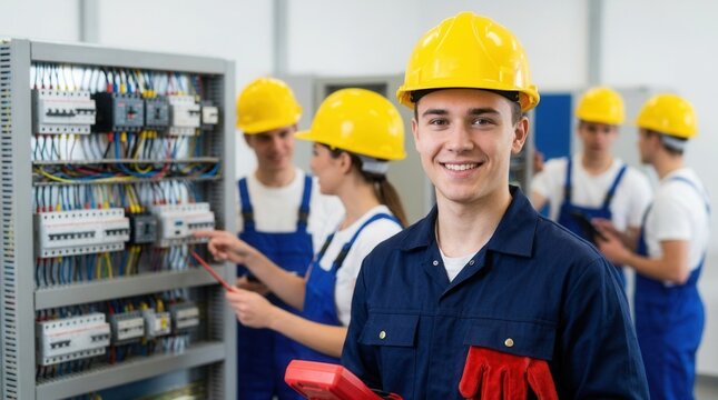 Young electrician students gathered around a complex electrical project, smiling and interacting with safety gear on in a vocational training room.