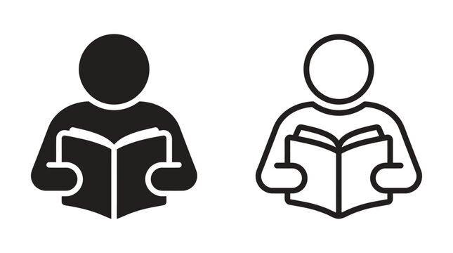 Simple black and white vector icons of a person reading a book.