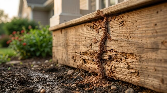 Damaged house foundation wood with termite trail and soil, showing pest inspection and termite control concern.