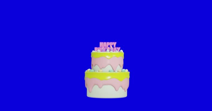 Birthday cake on blue monochrome backgraund. 3d render video. 