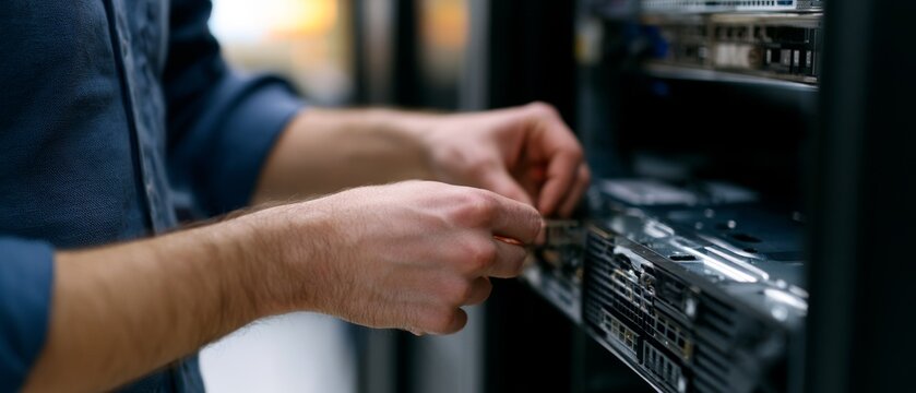 Technician working on server rack in data center