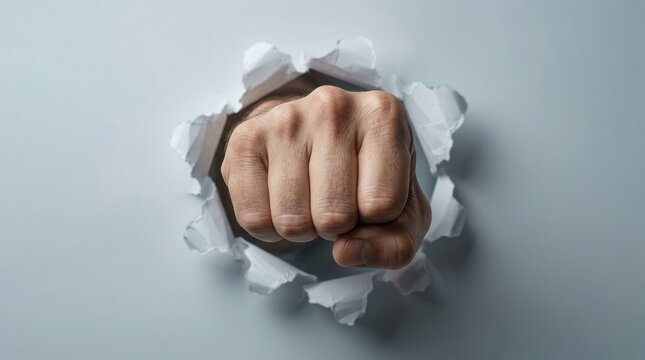 A clenched fist punches through a torn paper barrier, symbolizing breakthrough, resistance, and determination.