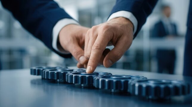 A hand adjusting a metal gear on a table representing change management transformation, strategy alignment, process optimization, and leadership intervention.