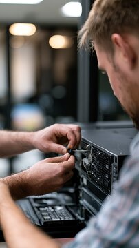 Technician installing server in data center