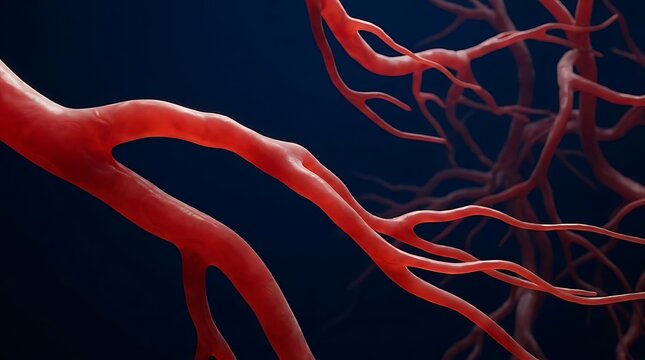 Red blood vessels branching on dark background