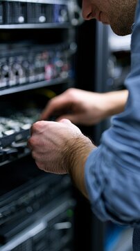 Technician working on server rack in data center
