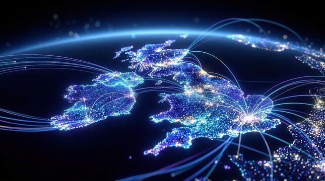 Futuristic map of the United Kingdom illuminated with neon communication pathways and orbiting satellites symbolizing global tech connectivity and digital data.