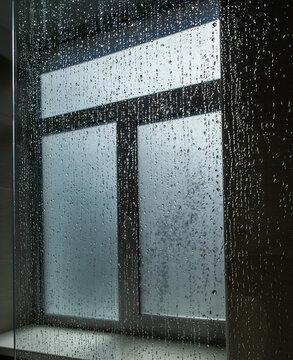 Raindrops on a glass window pane with a view of a cloudy sky
