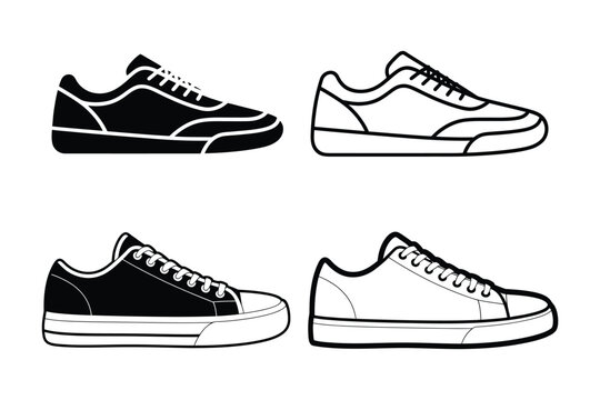 Sneakers shoes line art and silhouette footwear icons set