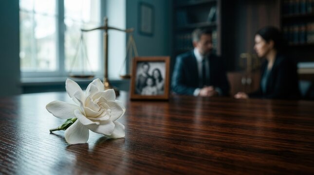 White flower on wooden table with blurred scales of justice and family photo suggesting wrongful death accident claim and legal grief.