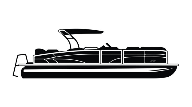 A black and white silhouette illustration of a modern luxury pontoon boat designed for recreational lake water travel
