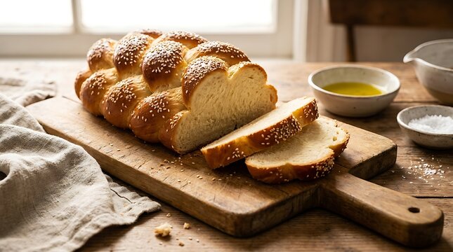 Freshly baked braided challah bread loaf sliced on a wooden cutting board in a rustic kitchen. Hebrew cuisine recipes