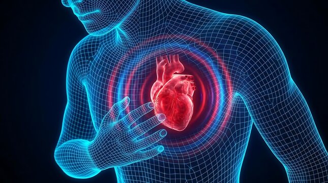 Human torso wireframe with glowing red heart