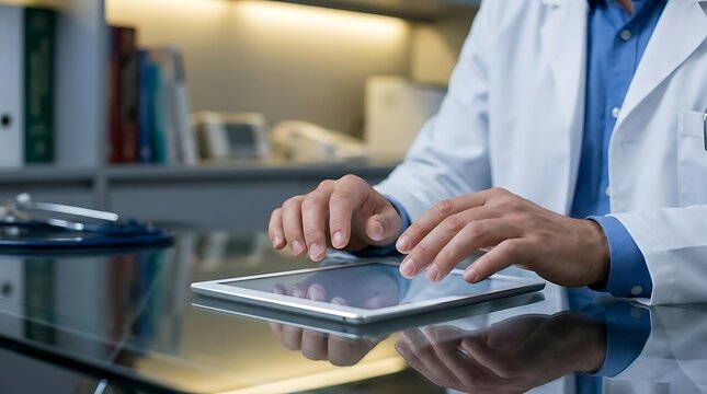Doctor using digital tablet in office