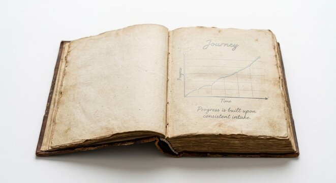 Open vintage book with handwritten journal entries and graph