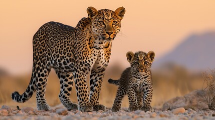 Naklejka premium African leopard and cub walking across rocky savannah at sunset.