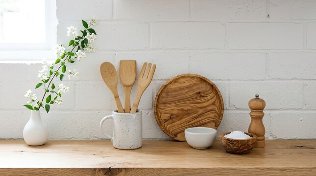 Kitchen counter with wooden utensils in a holder and white brick wall utensil holder cooking tools cutting board pepper mill flower vase white flowers wooden table