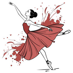 Dynamic ballerina jumping in red costume, energetic dance move, abstract red paint splatters creating artistic backdrop, ballet performer, fluid motion, vivid expression. © felesa11