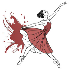 Ballerina in mid-air, dramatic pose, red dress swirling, abstract paint strokes background, dynamic ballet action, artistic expression, graceful movement, female dancer. © felesa11