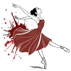 Artistic ballerina with flowing red skirt, dynamic pose, surrounded by abstract red paint splatters, representing dance, movement, passion, elegance, and creativity. © felesa11