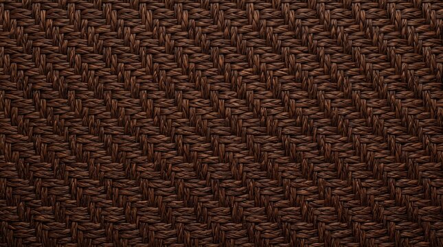 Horizontal close-up photo of a dark brown woven rattan or fabric texture background, tight geometric wicker pattern