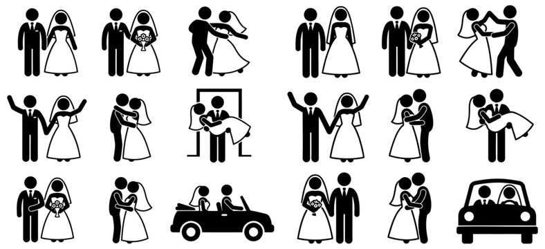 Black and white pictogram icon set depicting wedding couple scenes including bride groom ceremony dancing hugging carrying and driving in a convertible car symbol marriage