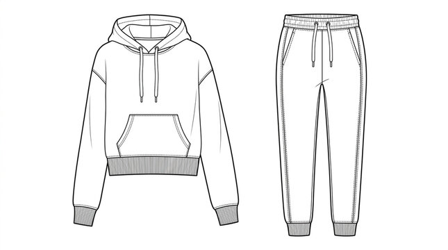 Technical CAD Vector Mockup of Women's Casual Hoodie and Matching Sweatpants Set for Fashion Design Development