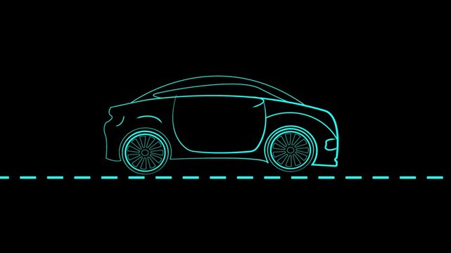 Glowing cyan neon outline of a sedan car moving on a dashed road line against black background