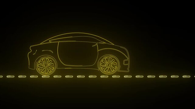 Bright yellow neon outline of a sedan car driving on a dashed road line on black background