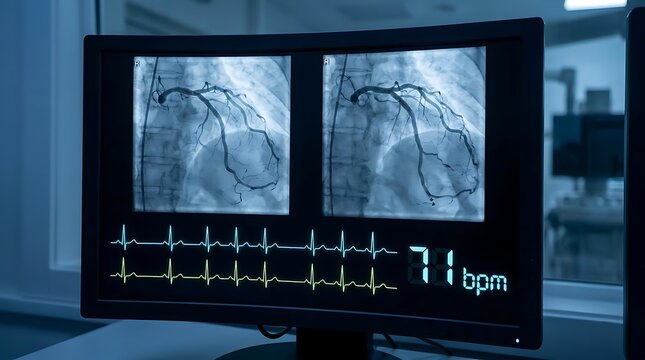 Medical monitor displaying coronary angiography and heart rate