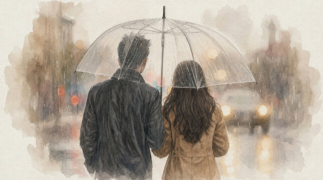 Couple Sharing a Clear Umbrella in the Rain, Romantic Watercolor Illustration