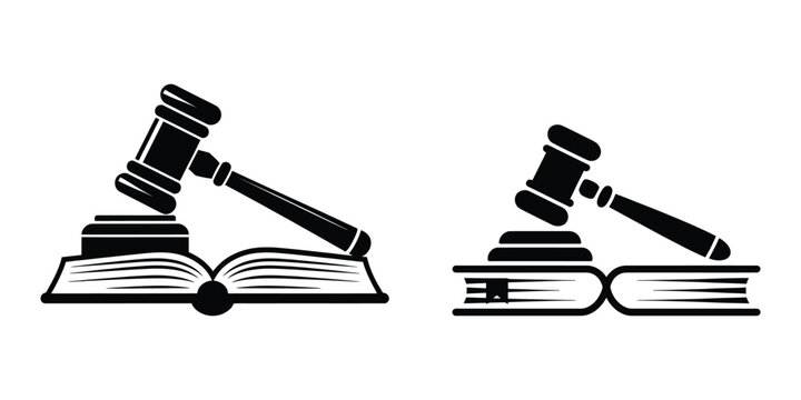 Set of judge gavel and open book icons